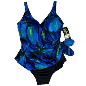 New Longitude One Piece Swimsuit 24W Blue Darling Side Tie Surplice Slimming